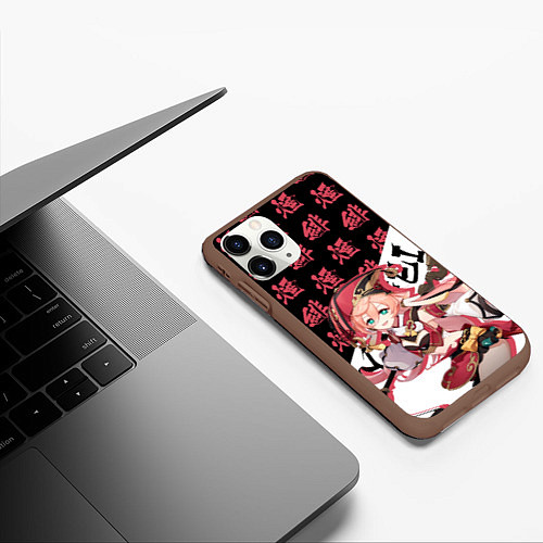 Чехол iPhone 11 Pro матовый Янь Фэй иероглифы - Геншин Импакт / 3D-Коричневый – фото 3