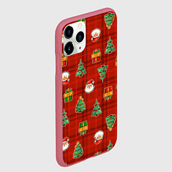 Чехол iPhone 11 Pro матовый Елочки и Санта - паттерн красная клетка, цвет: 3D-малиновый — фото 2