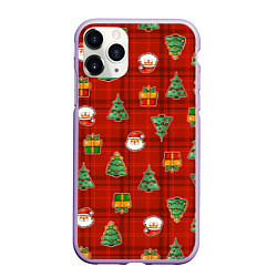 Чехол iPhone 11 Pro матовый Елочки и Санта - паттерн красная клетка, цвет: 3D-светло-сиреневый
