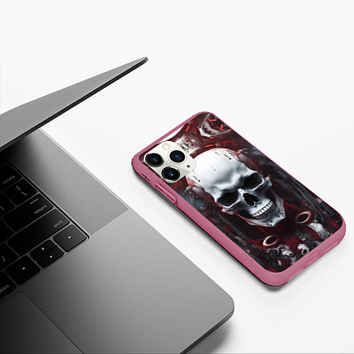Чехол iPhone 11 Pro матовый Киберпанк череп с дреддами / 3D-Малиновый – фото 3
