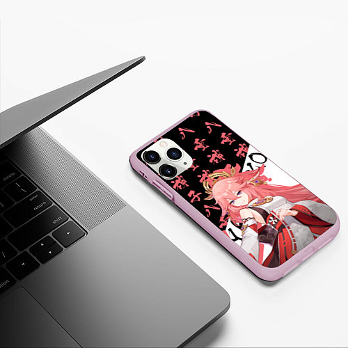 Чехол iPhone 11 Pro матовый Яэ Мико иероглифы - Геншин Импакт / 3D-Розовый – фото 3
