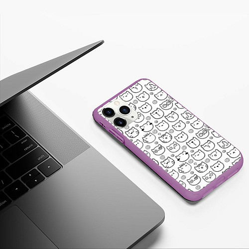 Чехол iPhone 11 Pro матовый Коты дудл мордашки / 3D-Фиолетовый – фото 3