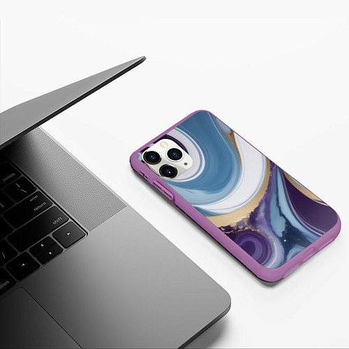 Чехол iPhone 11 Pro матовый Абстрактный волнистый узор фиолетовый с голубым / 3D-Фиолетовый – фото 3