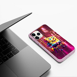 Чехол iPhone 11 Pro матовый Губка Боб с пистолетом в неоновом городе, цвет: 3D-розовый — фото 2