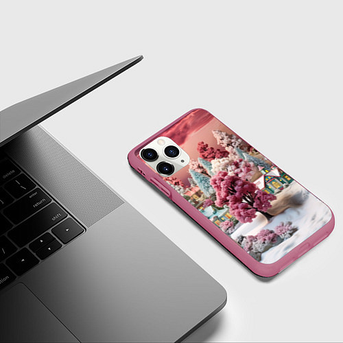 Чехол iPhone 11 Pro матовый Зимний закат новый год / 3D-Малиновый – фото 3