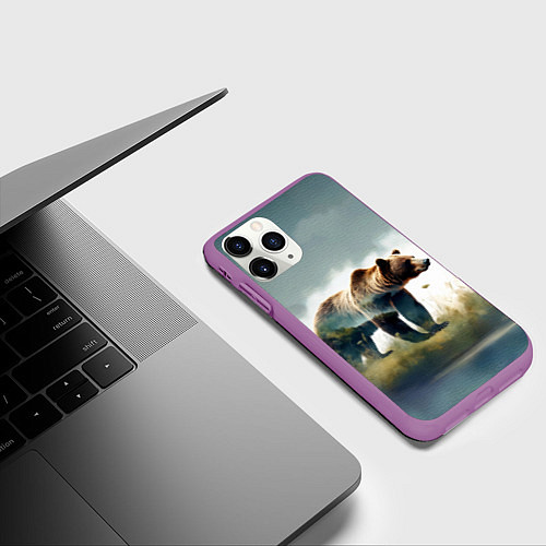 Чехол iPhone 11 Pro матовый Минималистичный пейзаж с медведем акварель / 3D-Фиолетовый – фото 3