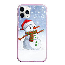 Чехол iPhone 11 Pro матовый Весёлый снеговик в колпаке, цвет: 3D-розовый