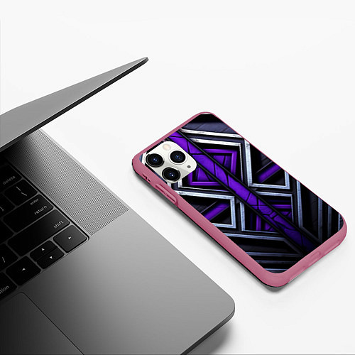 Чехол iPhone 11 Pro матовый Фиолетовые вставки на черном фоне / 3D-Малиновый – фото 3