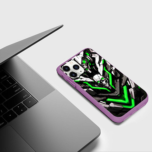 Чехол iPhone 11 Pro матовый Зелёный скелетный киберпанк доспех / 3D-Фиолетовый – фото 3