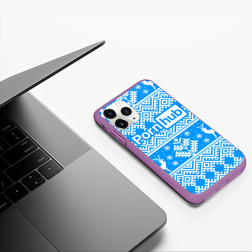 Чехол iPhone 11 Pro матовый Порнхаб - новогодний синий паттерн / 3D-Фиолетовый – фото 3