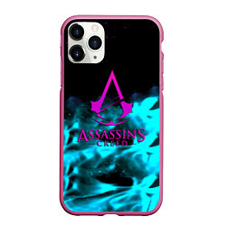 Чехол iPhone 11 Pro матовый Assassins Creed flame neon, цвет: 3D-малиновый
