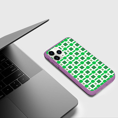 Чехол iPhone 11 Pro матовый Зелёные кирпичики и белые полосы / 3D-Фиолетовый – фото 3