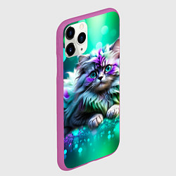 Чехол iPhone 11 Pro матовый Пушистый котенок в бирюзово фиолетовом боке, цвет: 3D-фиолетовый — фото 2