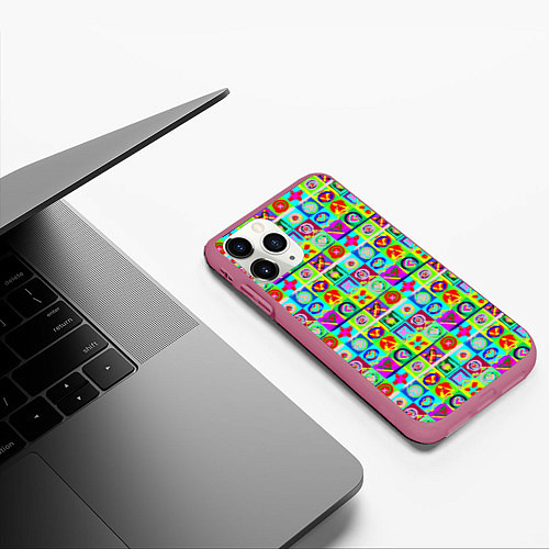 Чехол iPhone 11 Pro матовый Сердца и квадраты абстракция / 3D-Малиновый – фото 3