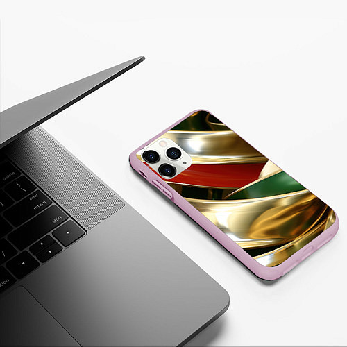 Чехол iPhone 11 Pro матовый Золотая абстракция с зелеными и красными вставками / 3D-Розовый – фото 3