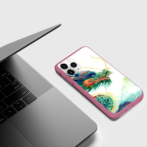 Чехол iPhone 11 Pro матовый Japanese dragon - watercolor art / 3D-Малиновый – фото 3