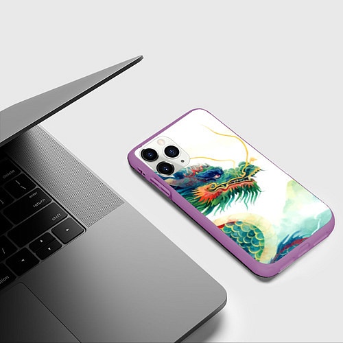 Чехол iPhone 11 Pro матовый Japanese dragon - watercolor art / 3D-Фиолетовый – фото 3