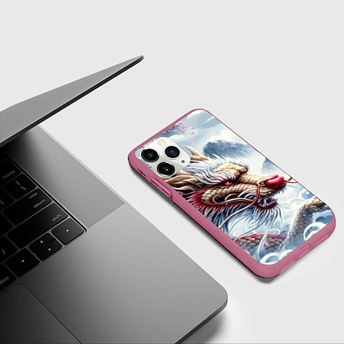 Чехол iPhone 11 Pro матовый Свирепый японский дракон - искусство / 3D-Малиновый – фото 3