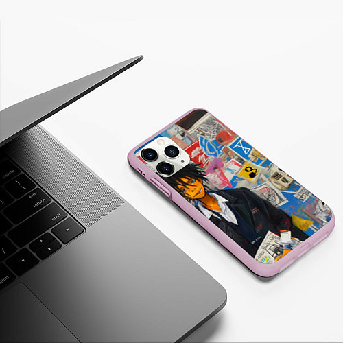Чехол iPhone 11 Pro матовый Аниме пацан на фоне стены / 3D-Розовый – фото 3