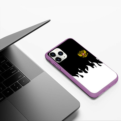 Чехол iPhone 11 Pro матовый Герб РФ огонь патриотический стиль / 3D-Фиолетовый – фото 3