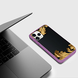 Чехол iPhone 11 Pro матовый Золотистые узоры на черном, цвет: 3D-фиолетовый — фото 2
