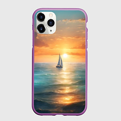 Чехол iPhone 11 Pro матовый Яхта на закате солнца, цвет: 3D-фиолетовый