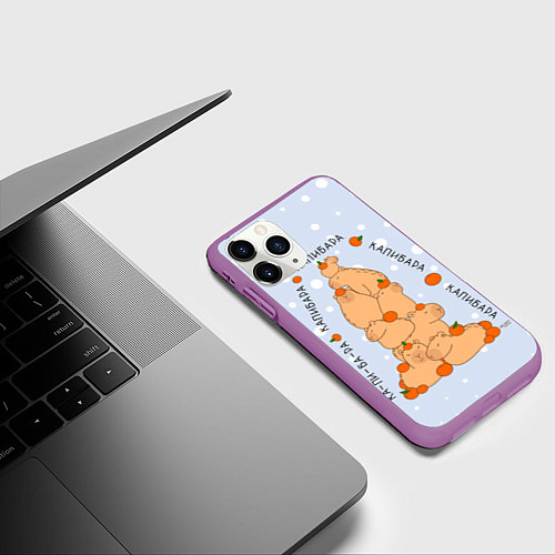 Чехол iPhone 11 Pro матовый Гора капибара с мандаринами / 3D-Фиолетовый – фото 3