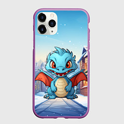 Чехол iPhone 11 Pro матовый Дракоша в новогоднем городке, цвет: 3D-фиолетовый