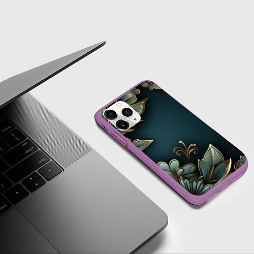 Чехол iPhone 11 Pro матовый Объемные узоры и листья / 3D-Фиолетовый – фото 3