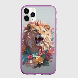 Чехол iPhone 11 Pro матовый Голова льва в цветах на холсте, цвет: 3D-фиолетовый