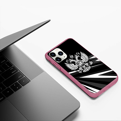 Чехол iPhone 11 Pro матовый Герб РФ - white and black geometry / 3D-Малиновый – фото 3