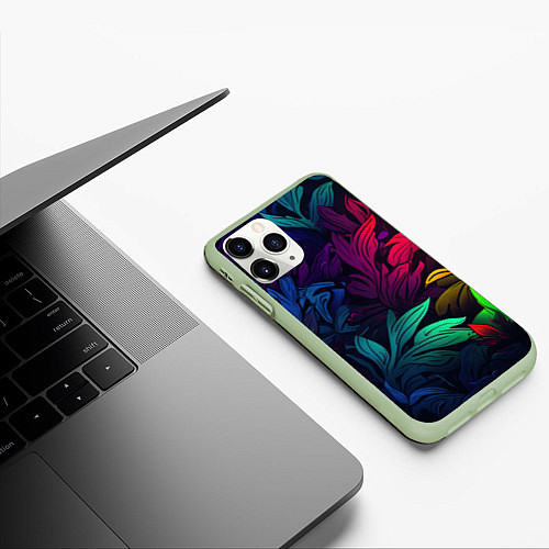 Чехол iPhone 11 Pro матовый Яркие абстрактные листья / 3D-Салатовый – фото 3