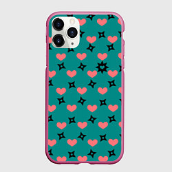 Чехол iPhone 11 Pro матовый Бирюза и розовый: сердца и сюрикены, цвет: 3D-малиновый