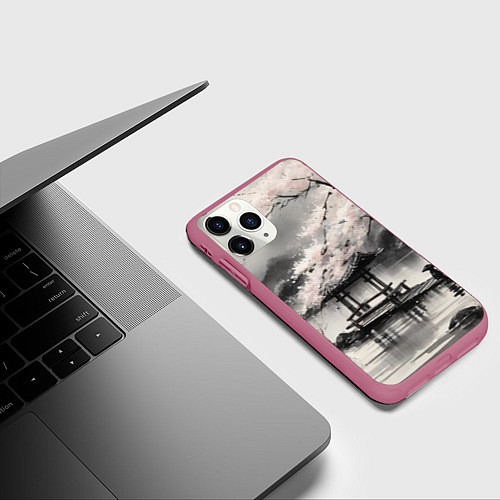 Чехол iPhone 11 Pro матовый Пейзаж японское озеро / 3D-Малиновый – фото 3