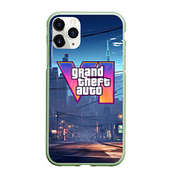 Чехол iPhone 11 Pro матовый GTA 6 ночной город, цвет: 3D-салатовый