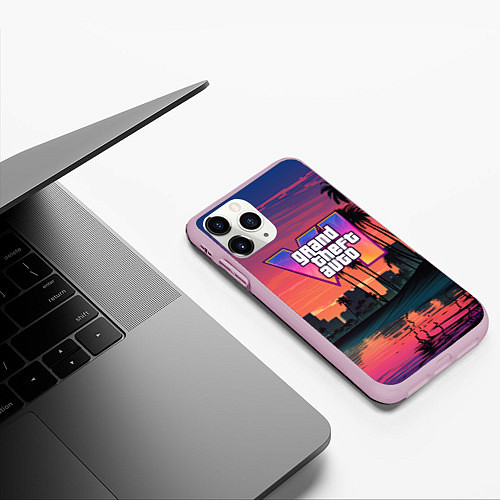 Чехол iPhone 11 Pro матовый GTA 6 лого на фоне заката / 3D-Розовый – фото 3