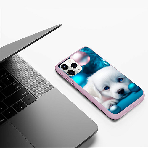 Чехол iPhone 11 Pro матовый Белый щенок с розовыми и голубыми шариками / 3D-Розовый – фото 3