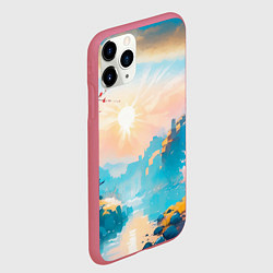 Чехол iPhone 11 Pro матовый Японский город вдали и цветущая Сакура у реки, цвет: 3D-малиновый — фото 2