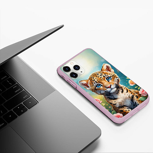 Чехол iPhone 11 Pro матовый Портрет леопарда с розами / 3D-Розовый – фото 3