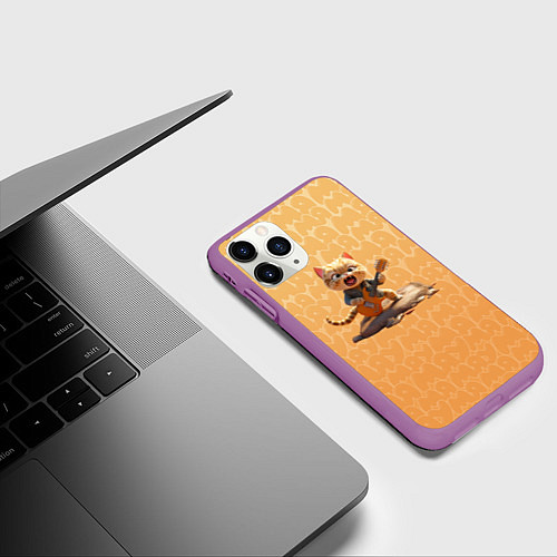 Чехол iPhone 11 Pro матовый Рыжий кот с гитарой / 3D-Фиолетовый – фото 3