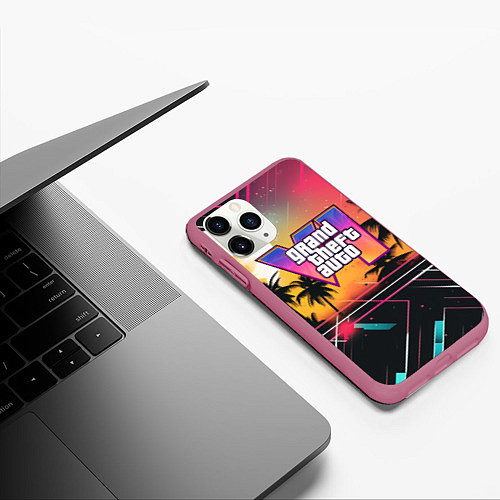Чехол iPhone 11 Pro матовый GTA 6 night logo / 3D-Малиновый – фото 3