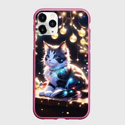 Чехол iPhone 11 Pro матовый Кот и новогодние украшения, цвет: 3D-малиновый