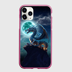 Чехол iPhone 11 Pro матовый Дракон на скале на фоне луны, цвет: 3D-малиновый
