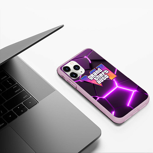 Чехол iPhone 11 Pro матовый GTA 6 лого на фоне разлома фиолетовых плит / 3D-Розовый – фото 3