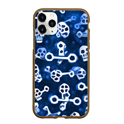Чехол iPhone 11 Pro матовый Белые черепки и кости на синем, цвет: 3D-коричневый