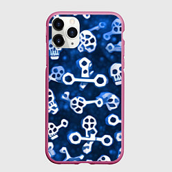 Чехол iPhone 11 Pro матовый Белые черепки и кости на синем