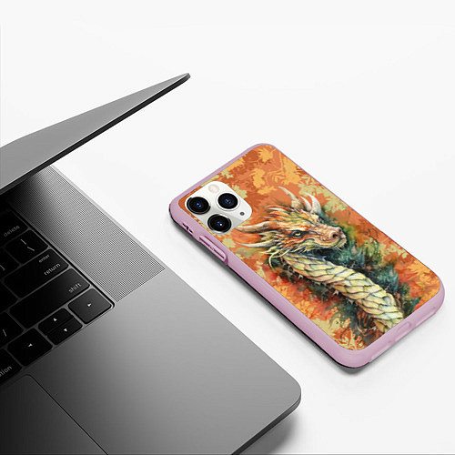 Чехол iPhone 11 Pro матовый Зеленый древесный дракон с листьями / 3D-Розовый – фото 3