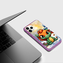 Чехол iPhone 11 Pro матовый Зелено-оранжевый дракон, цвет: 3D-фиолетовый — фото 2