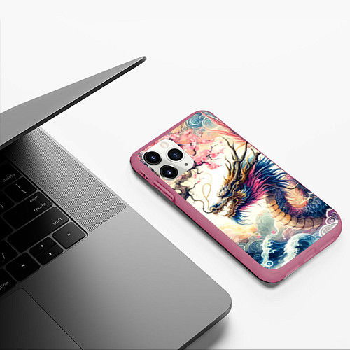 Чехол iPhone 11 Pro матовый Japanese dragon and sakura - engraving / 3D-Малиновый – фото 3