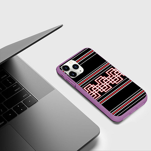 Чехол iPhone 11 Pro матовый Греческие линии красные и белые / 3D-Фиолетовый – фото 3